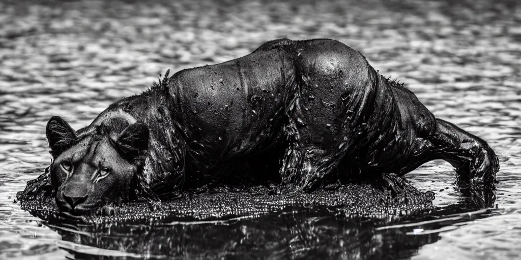 Image similar to a black lioness, made of ferrofluid, bathing inside the lake of tar, full of goo, covered with ferrofluid. dslr, photography, realism, animal photography, color, savanna, wildlife photography