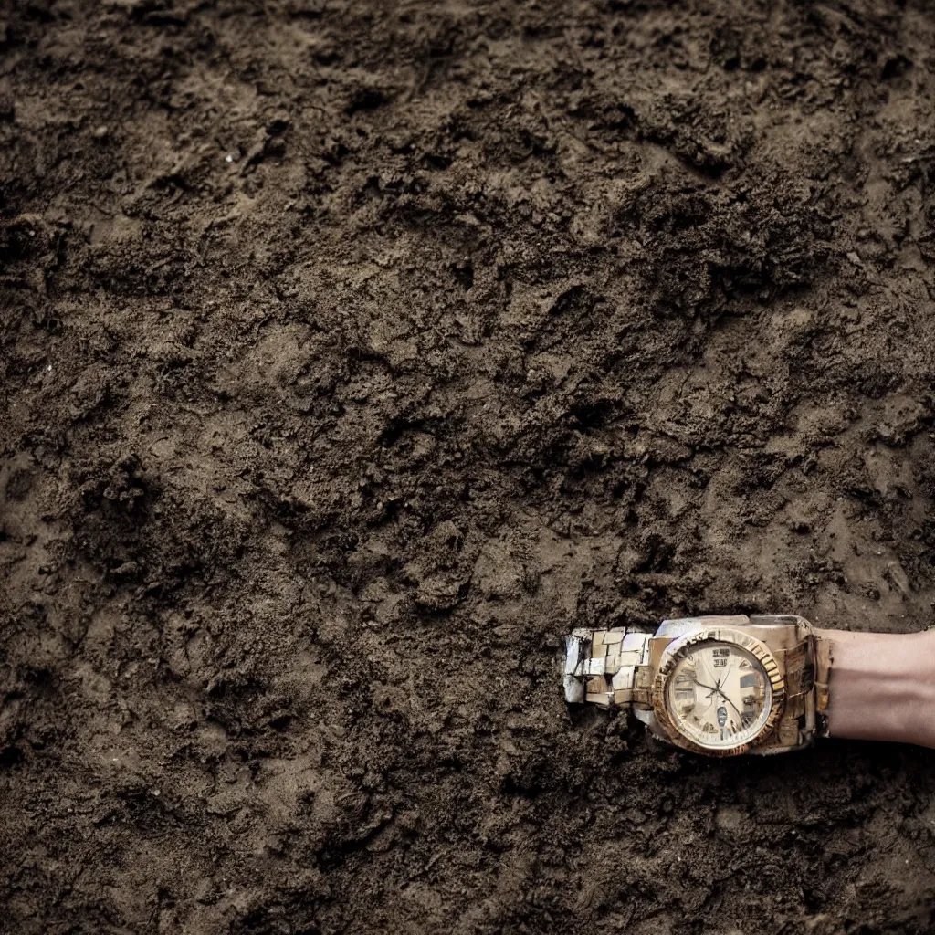 Prompt: A hand with a rolex sinks into the mud, oil and rotten waste, close-up, smoke, dust, depth of field in the style of terence malick