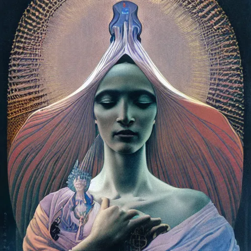 Image similar to queen of jupiter by zdzisław beksinski, zaha hadid and alphonse mucha