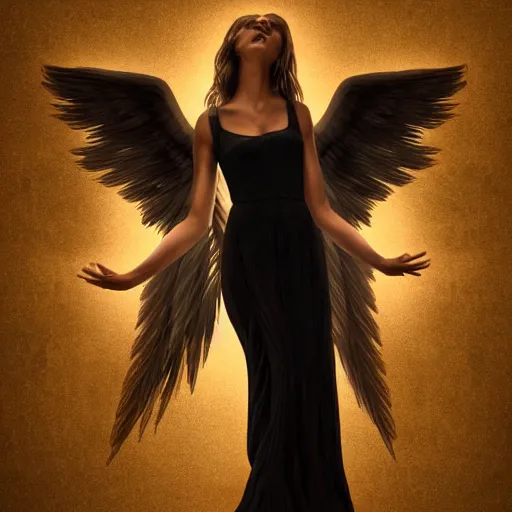 Prompt: fallen woman angel reaching with her arm, realistic 8 k portrait, dark background, beam of light coming from the sky, award winning, high detail, renaissance painting