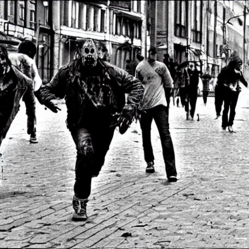 Image similar to zombie apocalypse on the streets of riga in 9 0 s, panic, horror, people running