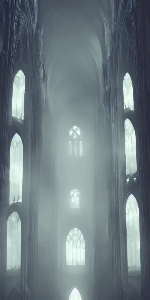 Image similar to epic cathedral!!!!!!!!!! interior!!! god-rays artstation atmospheric concept art cinematic digital fantasy gothic tall architecture haze!!! hazy smoke octane mood monks!!!