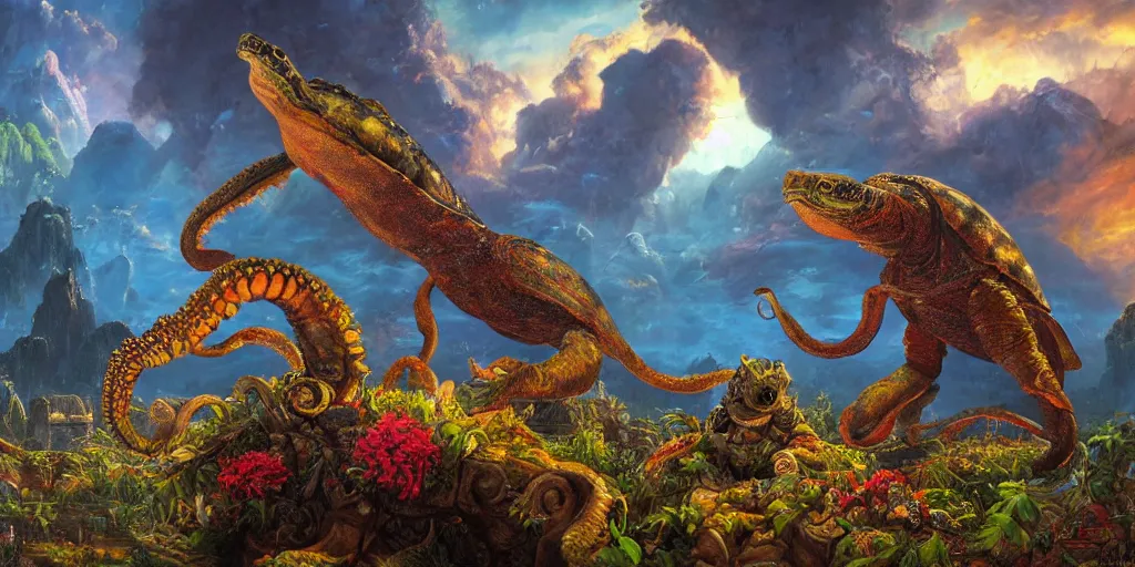 Image similar to fantasy oil painting, great leviathan, cybernetic turtle cephalopod terrapin reptilian pachyderm squid, hybrid, anubis, epic, natural light, lush plants flowers, spectacular mountains, bright clouds, ufo, luminous sky, outer worlds, golden daple lite, craig mullins, michael cheval