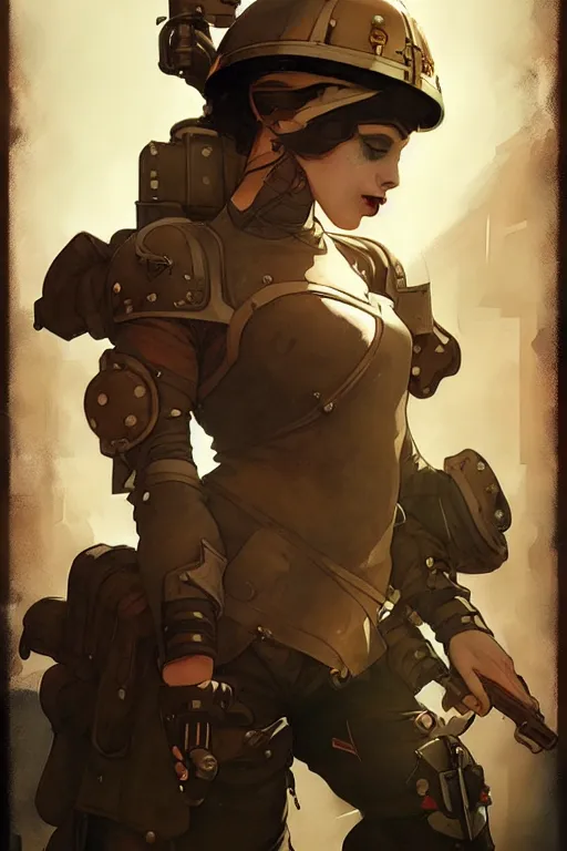 Image similar to dieselpunk soldier girl, helmet, shoulders, chest, portrait, armored, illustrations by wlop and alfons maria mucha and craig mullins and loish and rossdraws and artgerm