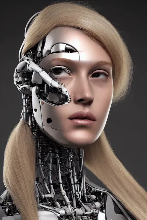 Image similar to robot with human face, female head, full body angle, woman human face, human face realistic, beautiful blonde hair, human head, human head with blonde hair, blonde hair human head, blonde hair, human realistic face, human head skin, cyborg frame concept, cyborg by ales-kotnik, sci-fi android female, the body is made of wires, robotic body, cyborg body, cyborg bust body, robot body cyborg, full body