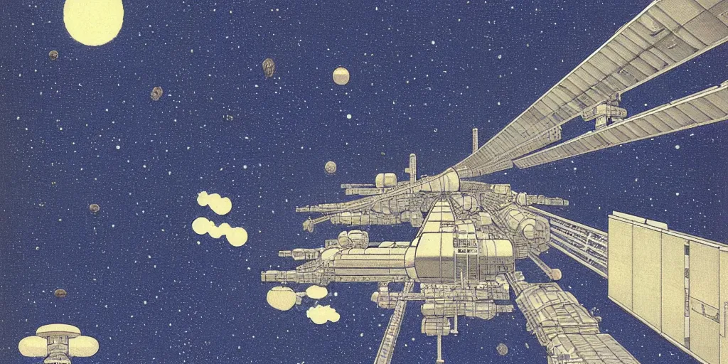 Image similar to a space station by kawase hasui. hd