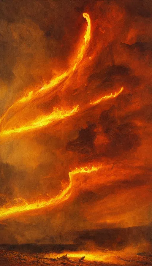 Prompt: painting of a fire tornado by peder krøyer, firenado, dramatic lighting, volumetric lighting, golden hour, epic, intricate detail, canvas print