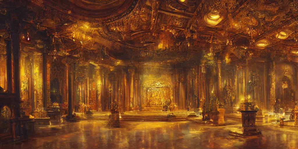 Prompt: breathtaking detailed concept art painting of interior of a sacred temple, holy, ornate background, by thomas kinkade and james gurney, extremely moody lighting, 8 k