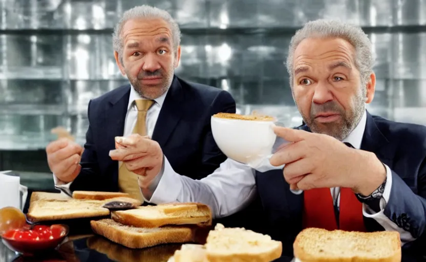 Prompt: alan sugar dream sequence. the apprentice, eating toast