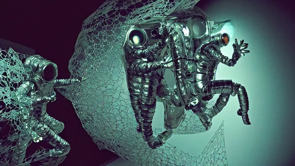 Image similar to a single astronaut eva suit made of diamond 3d fractal lace iridescent bubble 3d skin and covered with insectoid compound eye camera lenses floats through the living room, film still from the movie directed by Denis Villeneuve with art direction by Salvador Dalí, wide lens,