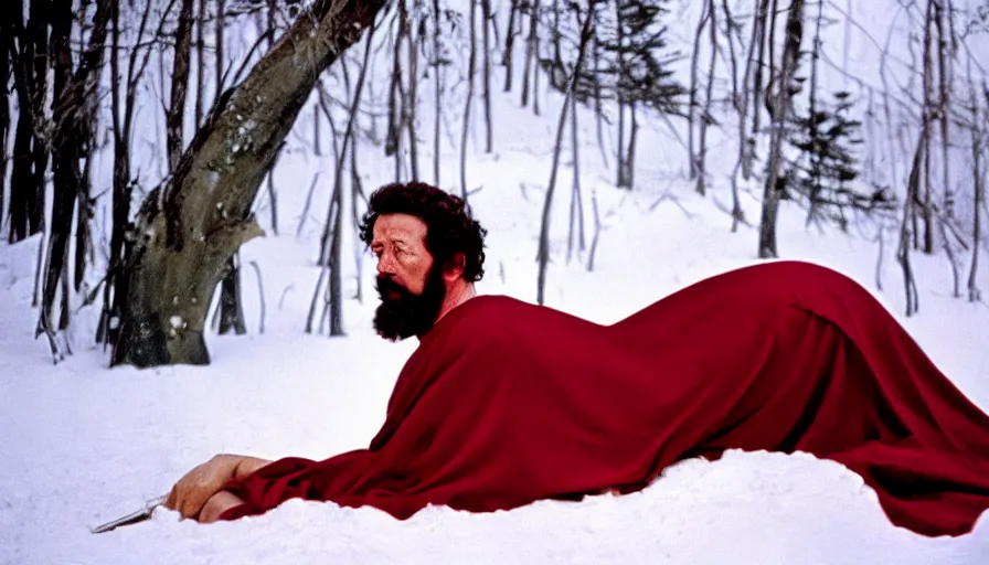 Prompt: 1 9 6 0 s movie still close up of marcus aurelius tired in a royal amor with red cape frozen to death under the snow by the side of a river with gravel, pine forests, cinestill 8 0 0 t 3 5 mm, high quality, heavy grain, high detail, texture, dramatic light, anamorphic, hyperrealistic, detailed hair, foggy