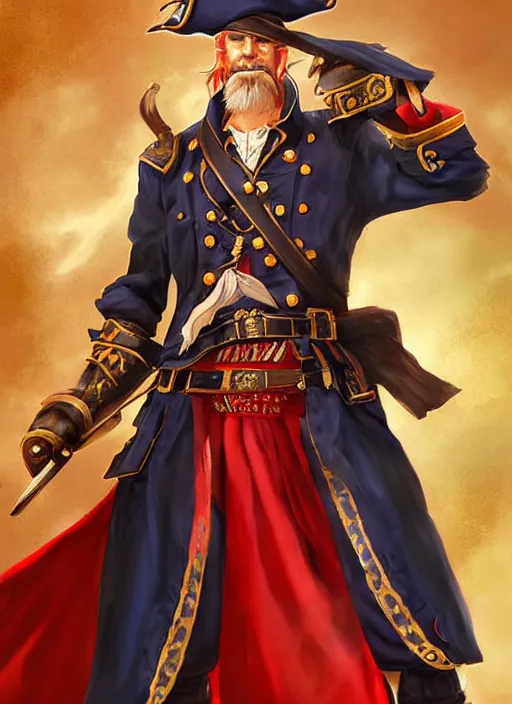 Prompt: a pirate king, old - trimmed uniform with a red sash around his waist, stern expression, blue eyes. portrait. sun rays. hd, 8 k. anime. final fantasy concept art. artwork by wen yu li, art by wen yu li.