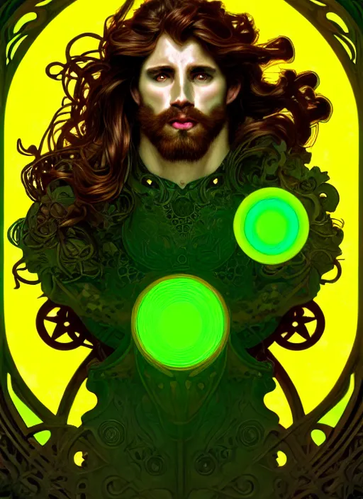 Image similar to portrait of demigod hercules, wavy auburn hair, wild board hide, glowing eyes, volumetric lights, green yellow scheme, art nouveau botanicals, gothic, intricate, highly detailed, digital painting, artstation, concept art, smooth, sharp focus, symmetric face, illustration, steampunk, art by artgerm and greg rutkowski and alphonse mucha