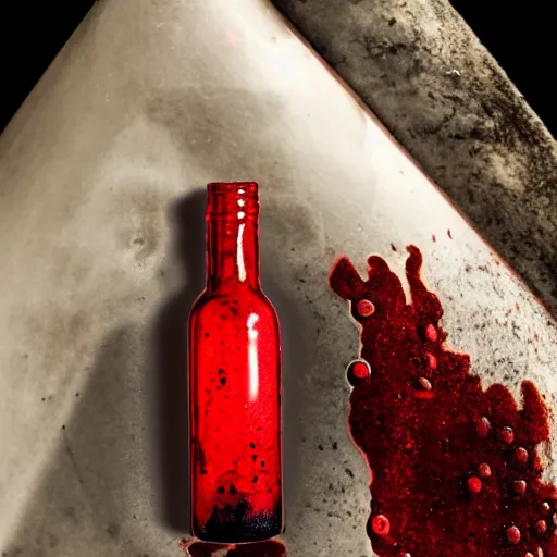 Image similar to a bottle filled with opaque, red slime and eyes