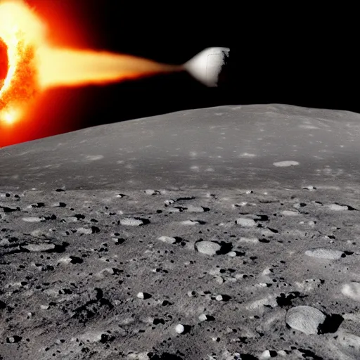Prompt: photorealistic image of a nuclear warhead exploding on the moon