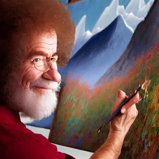 Image similar to a closeup photorealistic photograph of bob ross working on a canvas painting of elmo. film still. brightly lit scene. mountains and trees. this 4 k hd image is trending on artstation, featured on behance, well - rendered, extra crisp, features intricate detail, epic composition and the style of unreal engine.