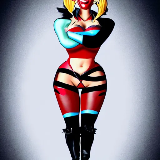 Image similar to Kim Kardashian as harley quinn, 8k, high definition, highly detailed