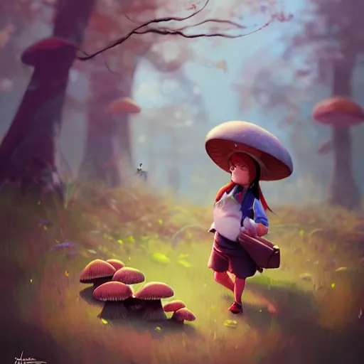 Prompt: goro fujita ilustration a cheerful girl collecting mushrooms in the forest, characterized by masamune shirow and greg rutkowski, character art, sharp focus, highly detailed, artstation