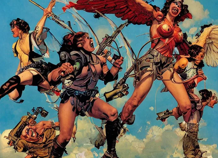 Prompt: harpies attack, dynamic action, by norman rockwell and jesper ejsing and jason fabok and tom lovell and frank schoonover and jack kirby