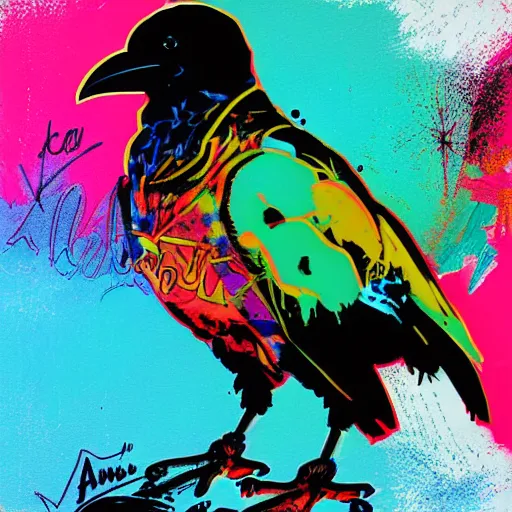 Image similar to illustration of cyberpunk raven, colorful splatters, by andy warhol and by zac retz and by kezie demessance