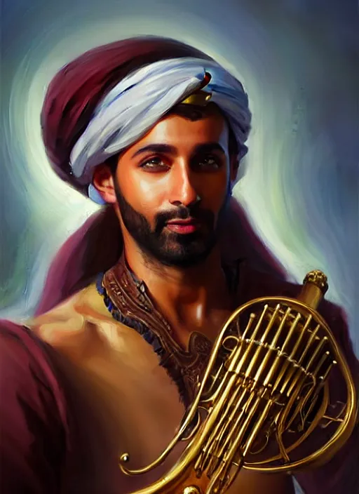 Image similar to a _ fantasy _ style _ portrait _ painting _ of arabian male charismatic bard playing instrument, rpg dnd oil _ painting _ unreal _ 5 _ daz. _ rpg _ portrait _ extremely _ detailed _ artgerm _ greg _ rutkowski _ greg