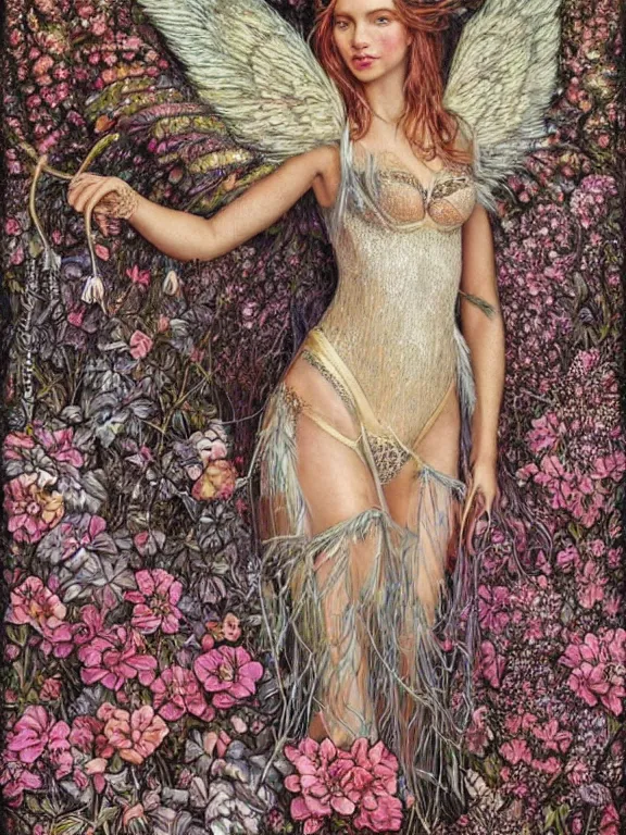 Prompt: a 65mm portrait of an Victoria's Secret angel who wearing embellished sequined feather-adorned wings at flower bushes,by tom bagshaw,Cedric Peyravernay,Cedric Peyravernay,marie spartali Stillman,William Morris,Dan Mumford,trending on pinterest，maximalist,glittering,feminine