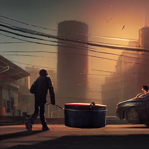 Prompt: huge black pack of c 4 on a red rusty oil - drum in gta v, stephen bliss, unreal engine, fantasy art by greg rutkowski, loish, rhads, ferdinand knab, makoto shinkai and lois van baarle, ilya kuvshinov, rossdraws, tom bagshaw, global illumination, detailed and intricate environment