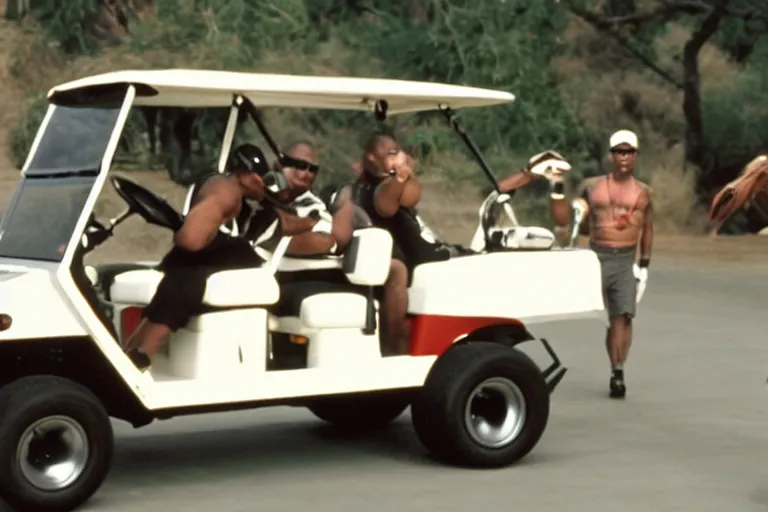 Image similar to dennis rodman driving a golf cart, movie still, from the new gone in 6 0 seconds movie, 8 k, hd, cinematic lighting