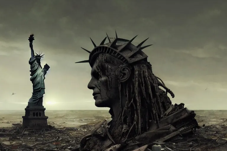 Image similar to a Photorealistic dramatic hyperrealistic render of a ruined destroyed decayed statue of liberty on a desolate beach in a post-apocalyptic world, futuristic nuclear apocalyptic planet of the apes vibe, by WLOP and Artgerm and Greg Rutkowski and Alphonse Mucha, Beautiful dynamic dramatic dark moody lighting, shadows, cinematic atmosphere, Artstation, concept design art, Octane render, 8K, masterpiece