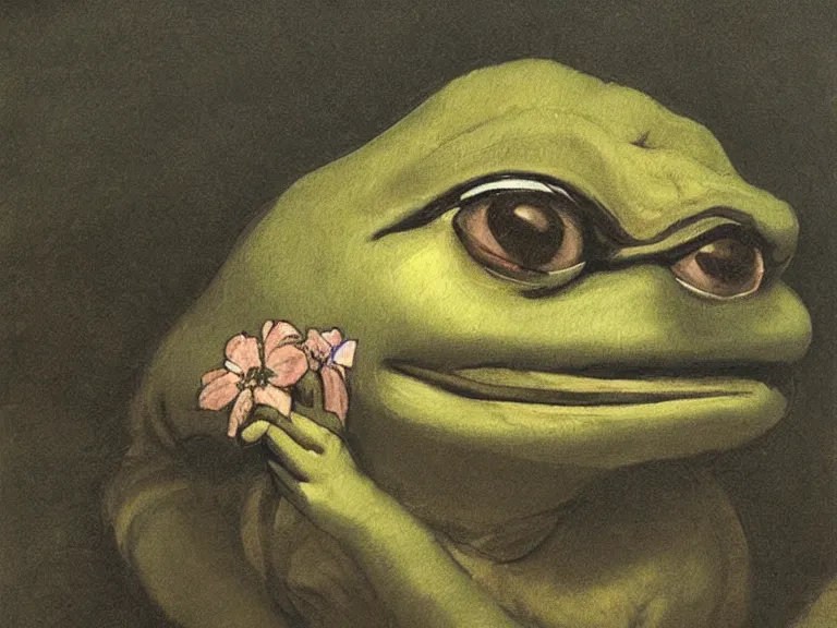 Prompt: beautiful painting of pepe the frog in the village, by Francisco Goya, high detail, high resolution