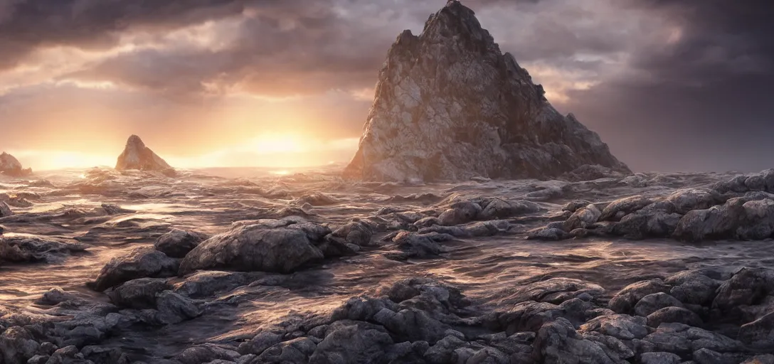 Prompt: octane render uhd, 8 k art photography, filmic lighting, cinematic art shot, hyperrealistic, hyperdetailed, super detailed, 8 k, high resolution, vast dark granite landscape with mysterious strangle glowing crystalline structure made of white rocks in the far distance, particle simulation, painting by ross tran and ivan aivazovsky, black water, sunset