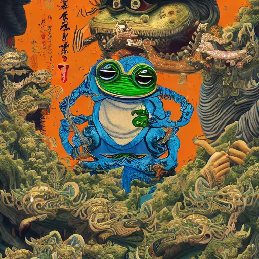 Prompt: a hyperdetailed design of pepe the frog, wearing blue shirt, ferocious, chinese mythology, victo nga, fumo yoshitoshi, ren jing jeong, feifei ruan, peter mohrbacher,, biomehieronymus spang, arunanondchai, murals, veileducationary, esllection, digital art