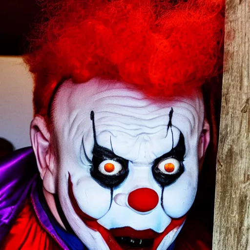 Prompt: photo of a scary clown hiding in your closet