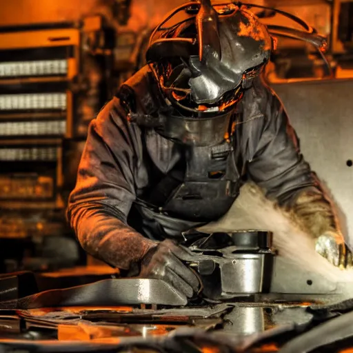 Image similar to technician repairing head of toaster oven mecha, dark messy smoke - filled cluttered workshop, dark, dramatic lighting, orange tint, cinematic, highly detailed, sci - fi, futuristic, movie still