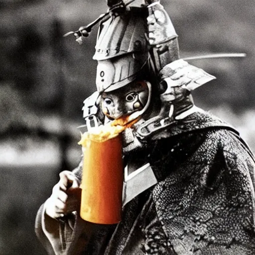 Image similar to scene from Kagemusha, 1980, movie still, cinematic, a samurai eating a hot dog, mustard and ketchup,