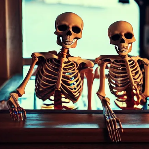 Prompt: two skeletons sitting at a bar drinking whiskey, dark