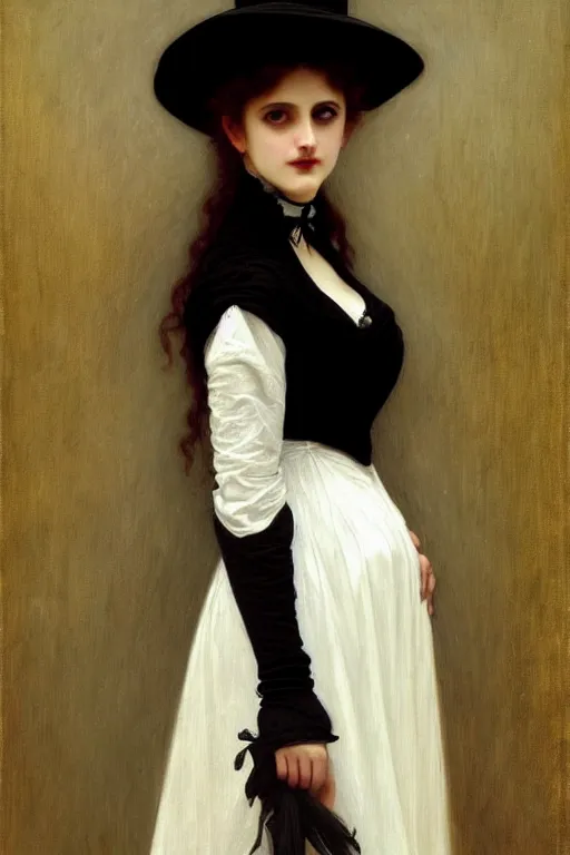 Image similar to victorian vampire in a big black hat, white dress, painting by rossetti bouguereau, detailed art, artstation