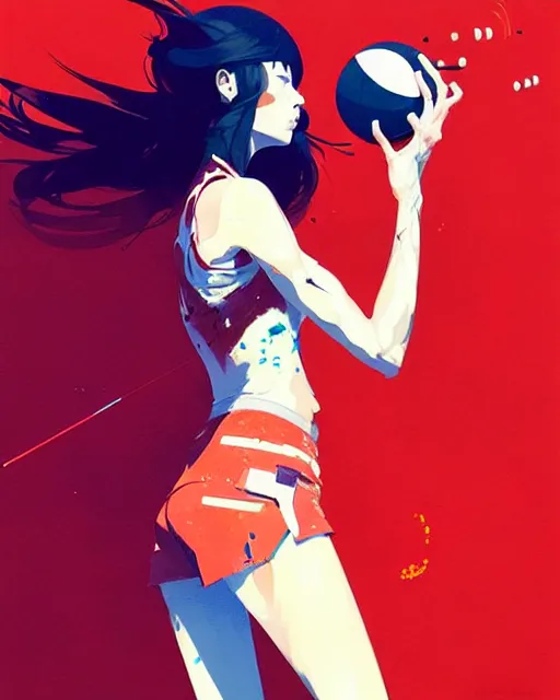 Image similar to a ultradetailed beautiful panting of a womanshooting a free throw, by conrad roset, greg rutkowski and makoto shinkai, trending on artstation