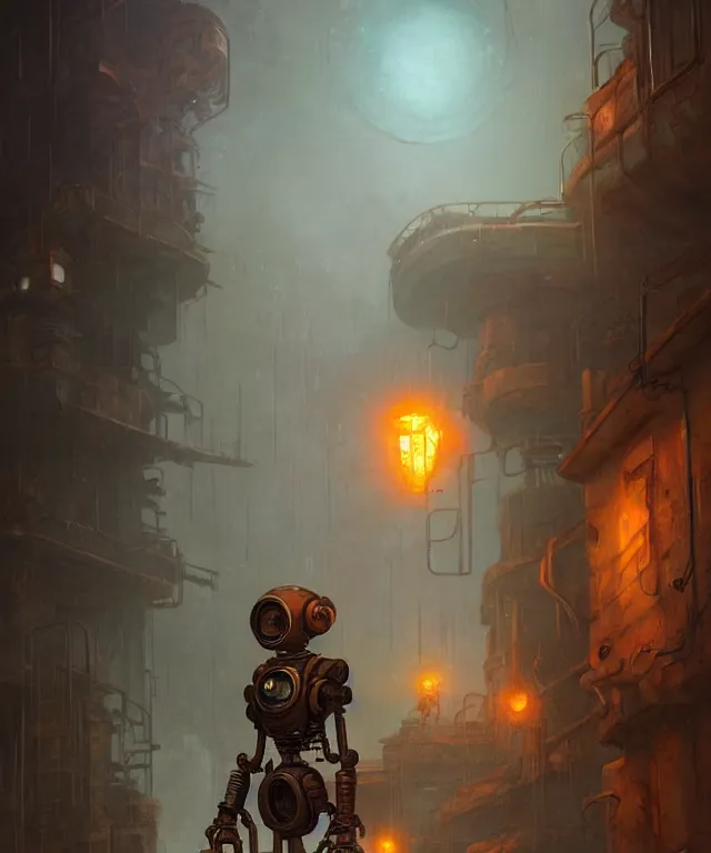 Image similar to an rusty old vintage sci - fi robot, standing an abandoned alleyway, dnd character art portrait, matte fantasy painting, deviantart artstation, by jason felix by steve argyle by tyler jacobson by peter mohrbacher, cinematic lighting