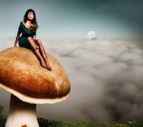 Prompt: a portrait of a female warrior sitting on a giant mushroom that covers a whole town and reaches above the clouds. intricate. lifelike. soft light. sony a 7 r iv 5 5 mm. cinematic post - processing