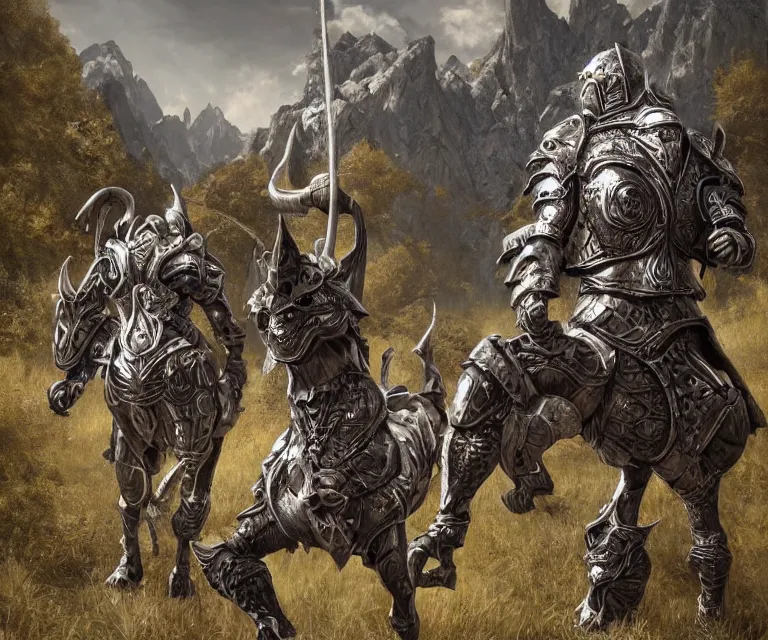 Prompt: trailcam footage grotesque horrific stylistic vray 3 d render of silver ornate armor slim bodybuilder handsome warriors in battle, mountains and giant gothic abbeys, hyperrealism, fine detail, 8 k, artsation contest winner, cgsociety, fantasy art, cryengine, brush strokes, oil canvas by mandy jurgens and michael whelan