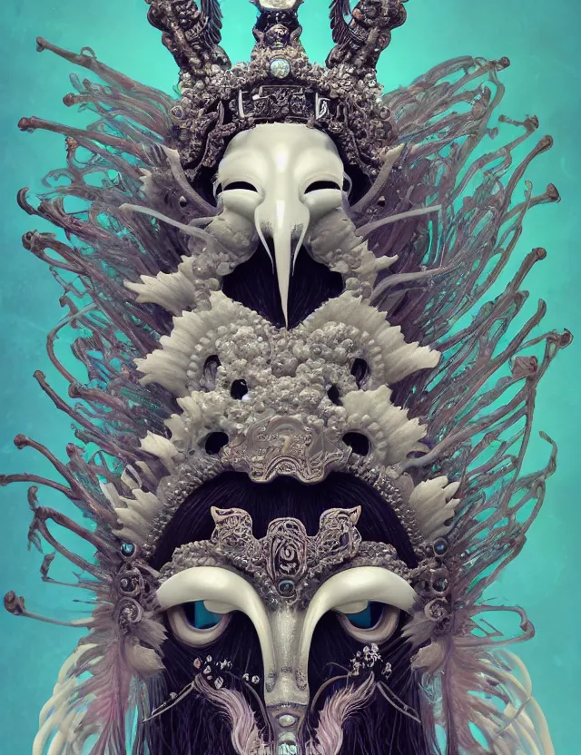 Image similar to goddess macro close - up portrait with crown and mask made of ram skull. beautiful intricately detailed japanese crow kitsune mask and clasical japanese kimono. betta fish, jellyfish phoenix, bioluminiscent, plasma, ice, water, wind, creature, artwork by tooth wu and wlop and beeple and greg rutkowski