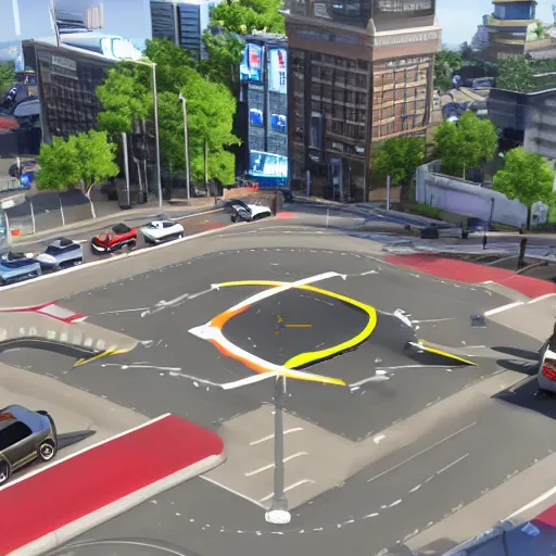 Prompt: a realistic photo of an intersection that uses portals from the video game portal 2 to control traffic by sending vehicle into blue portals and out of organge portals at an intersection, trending on cgstation