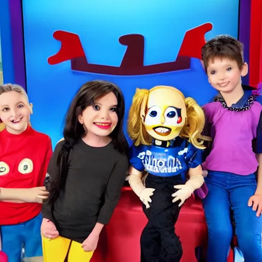 Image similar to jigsaw doll hosts a children’s tv show