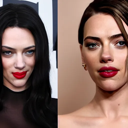 Image similar to a woman who is a genetic combination of kim kardashian and kat dennings and scarlett johansson and margot robbie and emma watson, face and upper - body focus