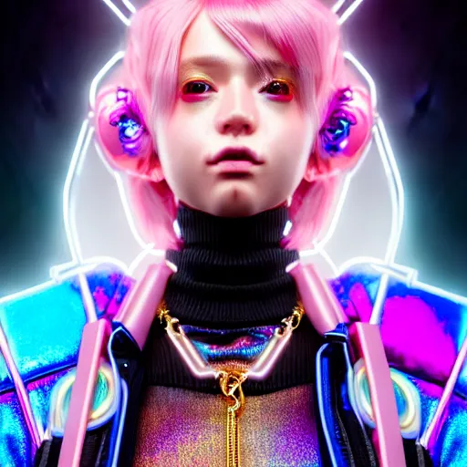 Image similar to hyperdetailed portrait of a stunningly beautiful pink cyberpunk cute european girl made of metals and shiny iridescent gems, bright rainbow nimbus, gold necklace, reflective puffer jacket, smoke background inspired by ross tran and masamune shirow and kuvshinov, intricate, photorealistic, octane render, rtx, hdr, unreal engine, dnd digital art by artgerm