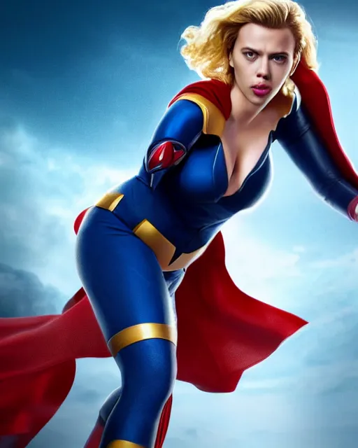 Prompt: scarlett johansson portraying a beautiful power girl from dc, beautiful scarlett johansson power girl, movie, hyper realistic, hollywood promotional image, imax, 8 k