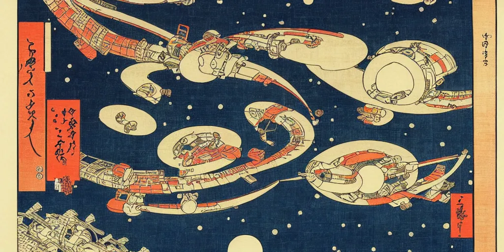 Prompt: A ukiyo-e print of SpaceStation, by Utagawa Hiroshige, trending of artstation, colorful