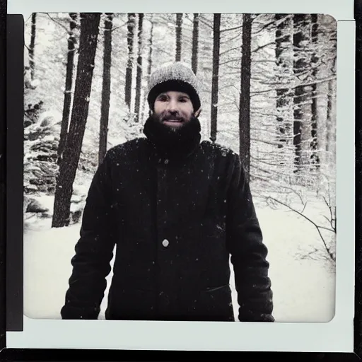 Image similar to vintage polaroid photograph of a man wearing black winter clothes and a black beanie in a snowy forest, standing next to a car