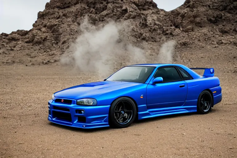 Image similar to Nissan R34 Skyline GTR driven by Brian O'Connor in Mad Max Road Warrior, XF IQ4, 150MP, 50mm, F1.4, ISO 200, 1/160s, natural light, Adobe Photoshop, Adobe Lightroom, photolab, Affinity Photo, PhotoDirector 365